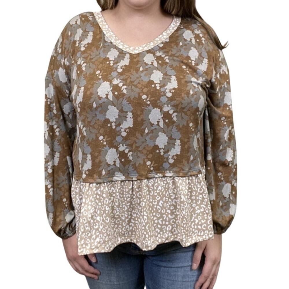 Oddi Floral Brown floral upper body leopard ruffle bottom long sleeve top sz xl
